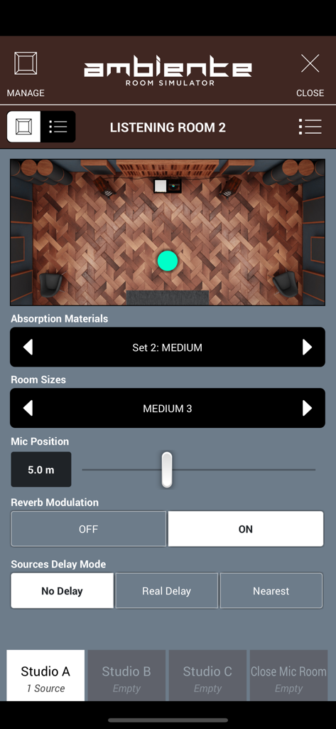 Interface of the Ambiente Room Simulator in the SWAM Violin app showing acoustic environment and reverb settings.