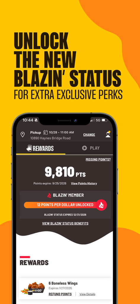 Buffalo Wild Wings - ロイヤルティポイントと「ブレイジン・ステータス」を表示するバッファロー・ワイルド・ウィングス・アプリのリワードダッシュボード