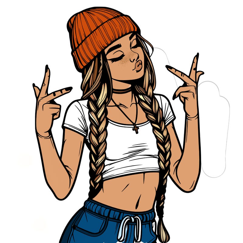 realistic teenage girl with braids and a beanie and crop top doing 🫶🏼