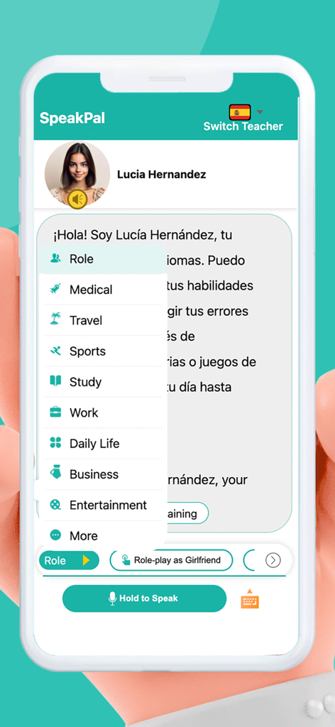SpeakPal - SpeakPal App-Oberfläche, die eine spanische KI-Tutorin und ein Menü für Rollenspielkategorien zeigt