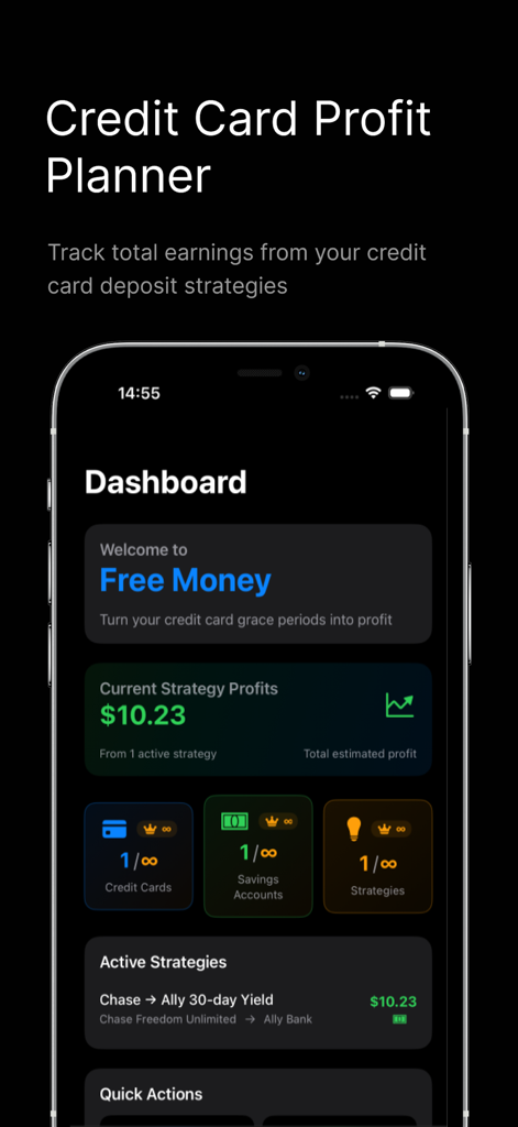 Passive Income — ProfitLoop - Tableau de bord mobile de l'application ProfitLoop montrant les stratégies d'arbitrage de cartes de crédit actives et les gains de revenus passifs estimés.