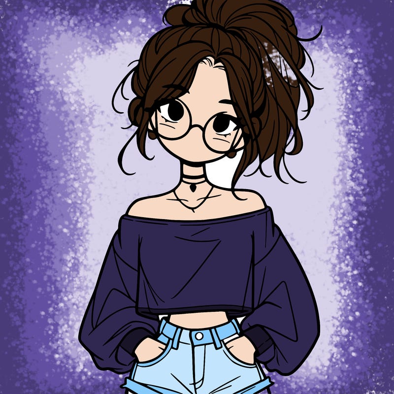 girl with a messy ponytail glasses a baggy crop top and jean shorts