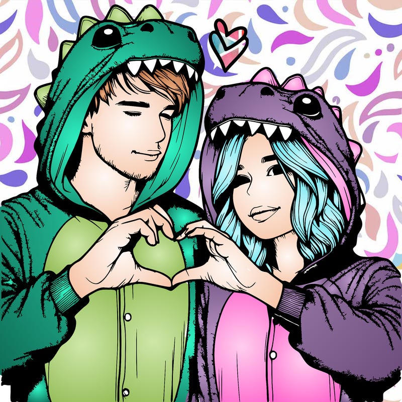 realistic couple wearing matching dinosaur onesies with heart hand gesture