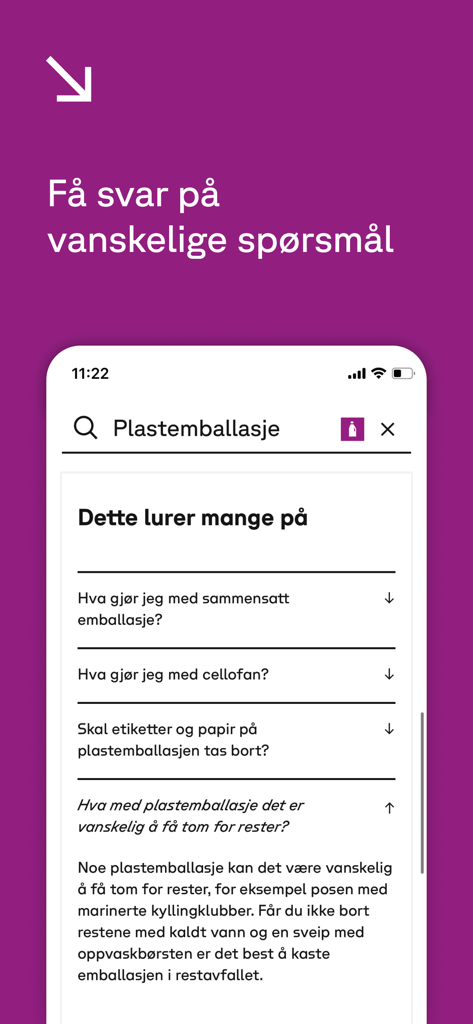 Sortere - A mobile screen showing recycling advice for plastic packaging and answers to common sorting questions.
