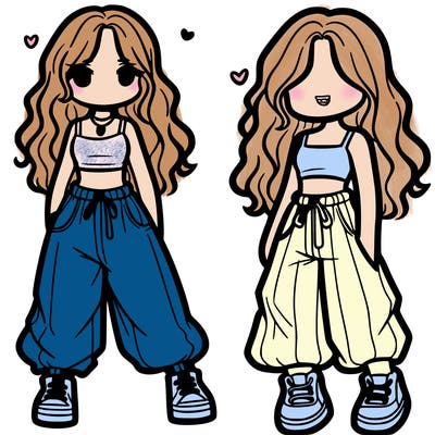 girl in baggy pants crop top and long hair