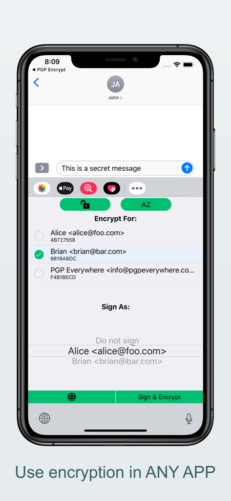 Extensión de teclado PGP Everywhere que muestra opciones para cifrar y firmar mensajes dentro de una aplicación de chat.