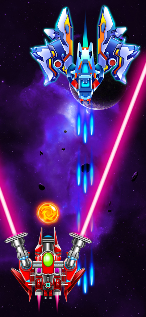A red spaceship firing pink lasers at a blue alien ship in a deep space battle