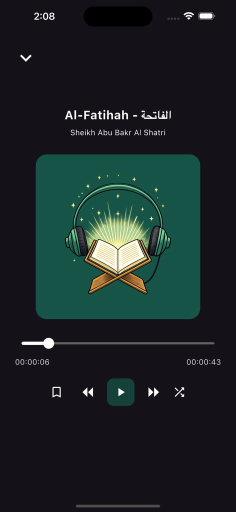 Screenshot of the Quran MP3 app audio player showing Al-Fatihah recitation by Sheikh Abu Bakr Al Shatri.