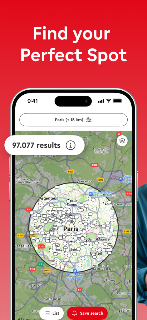 SeLoger – Real Estates France - SeLoger app showing real estate search results on a map of Paris France