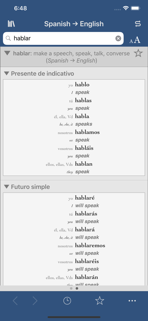 Un gráfico detallado de conjugación de verbos en español para la palabra hablar que muestra los tiempos presente y futuro.