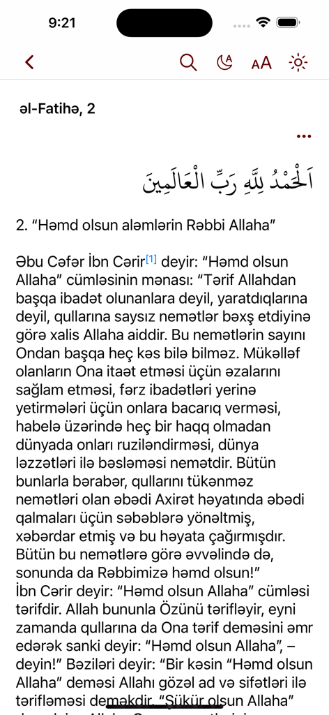 Quran Təfsiri - İbn Kəsir - 꾸란 구절의 아제르바이잔어 번역 및 학술적 해석을 보여주는 꾸란 타프시르 앱의 모바일 인터페이스