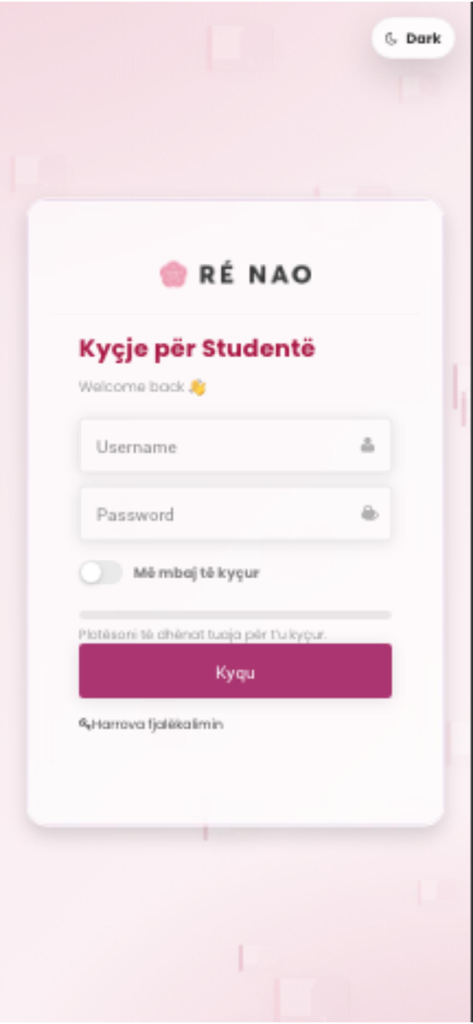 Ré nao Platform 언어 학습 애플리케이션의 학생 로그인 인터페이스.