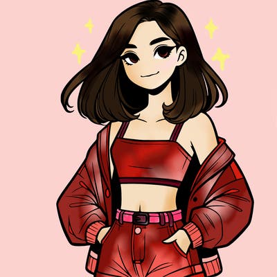 a realistic girl with a crop top and short shorts in an open jacket