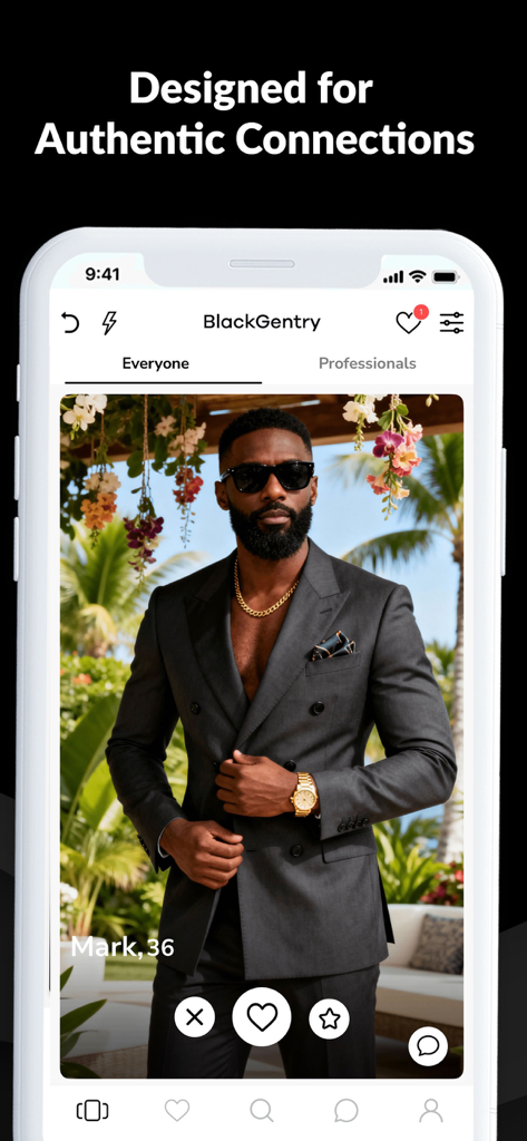 BlackGentry App-Oberfläche, die ein Profil eines gut gekleideten professionellen schwarzen Mannes mit der Überschrift Entwickelt für authentische Verbindungen zeigt