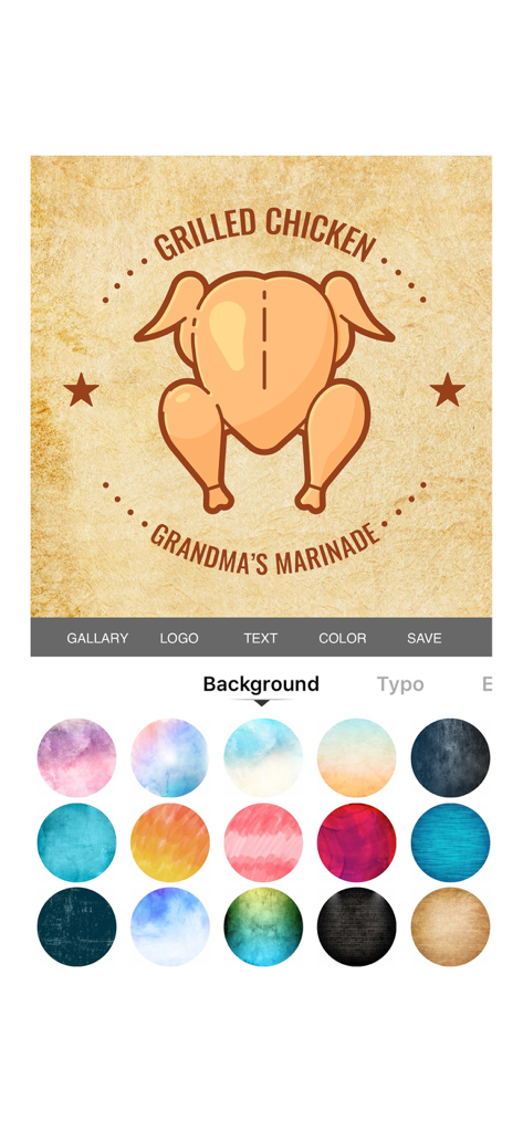Logo Maker : Logo Design Maker - Logo Maker app interface displaying a food business logo design and various background texture choices.