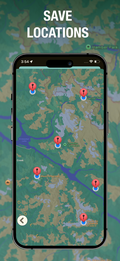 Aplicación Altímetro GPS mostrando varios waypoints guardados en un mapa topográfico para la navegación en el campo