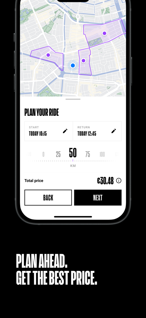 Check app interface for planning a ride showing a city map with pickup zones and price estimation