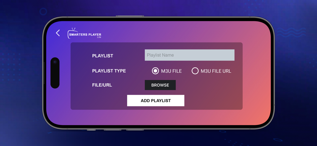 Smarters Player Lite - Smarters Player Liteアプリのインターフェースで、ファイルまたはURL経由で新しいM3Uプレイリストを追加する画面が表示されている