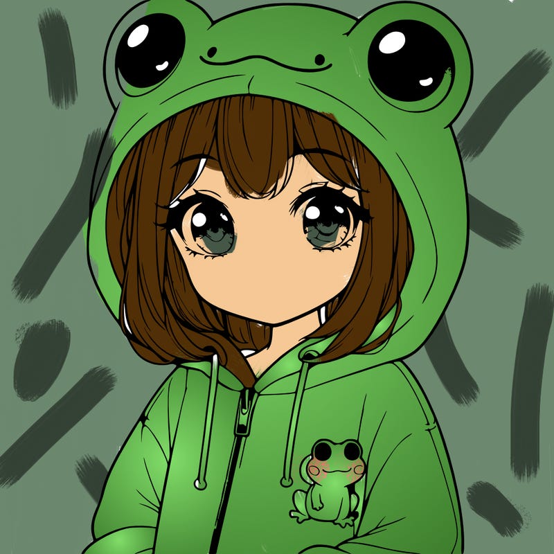 cute realistic girl in a froggy hoodie