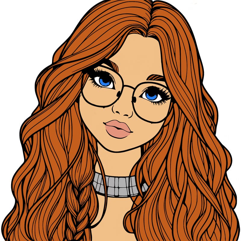 girl with long hair and freckles and glasses realistic