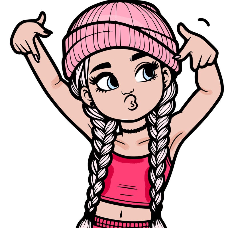 realistic teenage girl with braids and a beanie and crop top doing 🫶🏼
