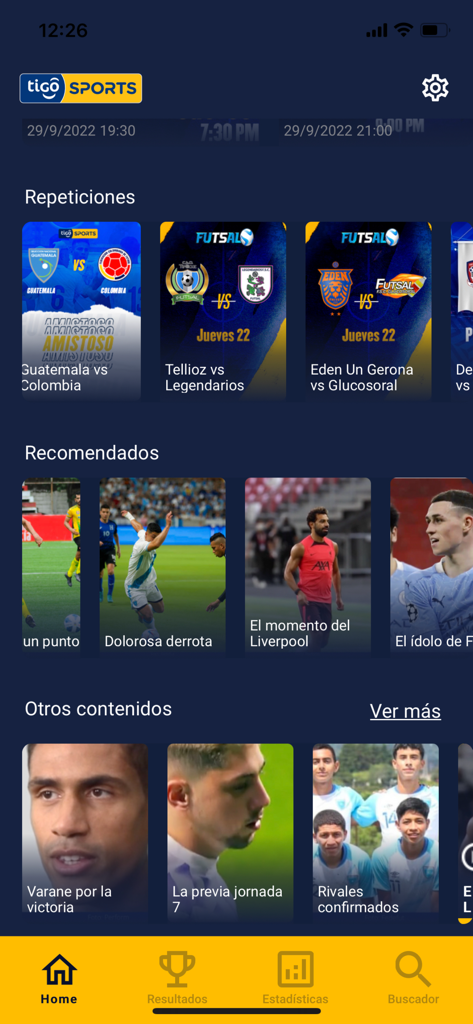 Tigo Sports Guatemala - Interface of the Tigo Sports Guatemala app home screen showing sections for sports replays and recommended content