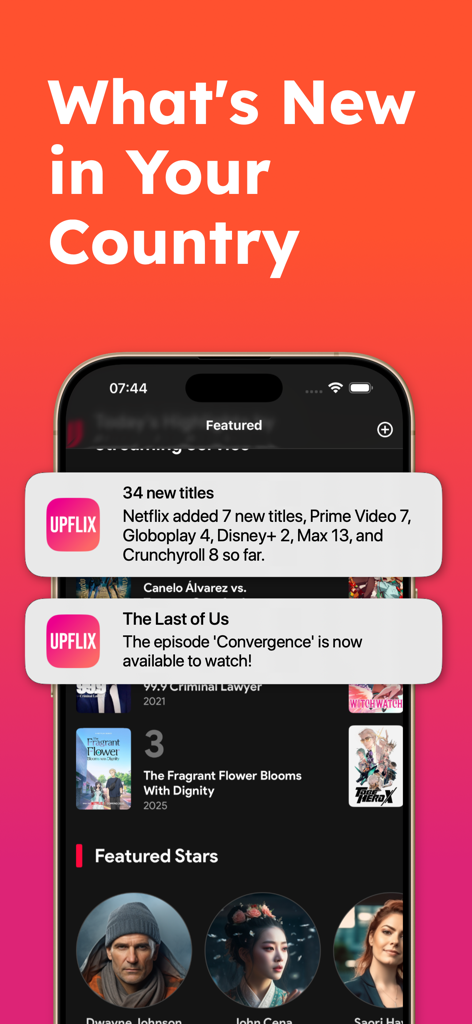 Upflix app interface showing mobile notifications for new movie and series releases across multiple streaming platforms