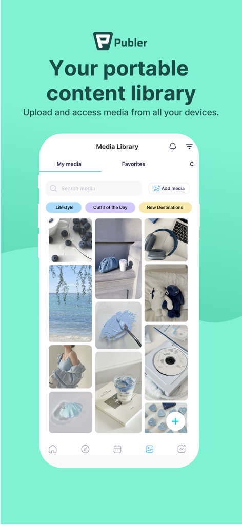 Publer: Social Media Tools - Publer mobile app interface showing an organized media library with aesthetic photos and content tags