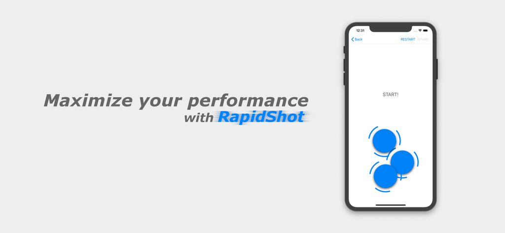 RapidShot reaction time trainer app interface with blue circular targets on a smartphone screen
