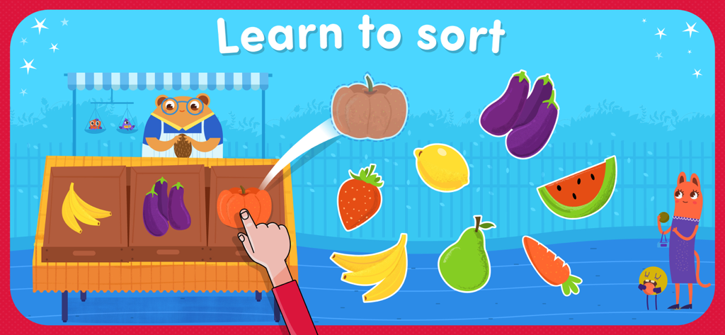 Preschool learning game showing fruit and vegetable sorting activity for toddlers