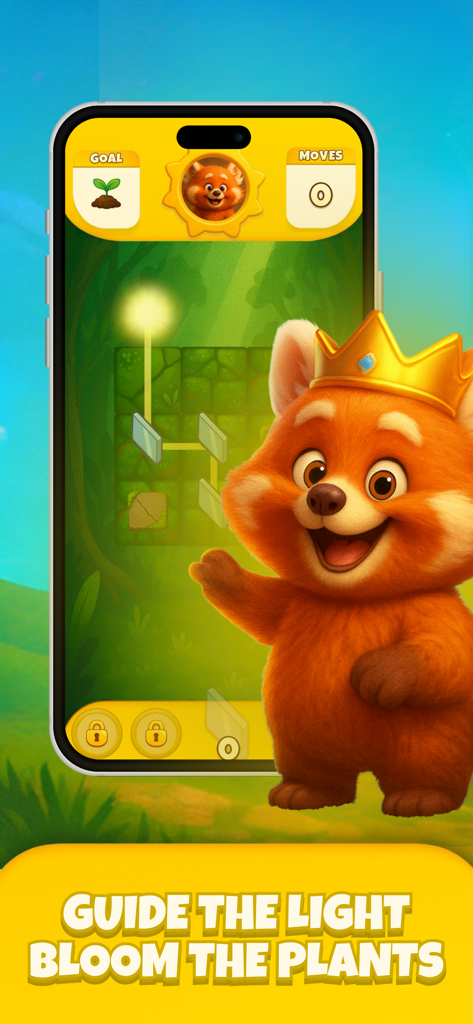 Light Bloom: Puzzle Game - Un lindo personaje de panda rojo con una corona está al lado de un teléfono móvil que muestra el juego de puzles de haces de luz