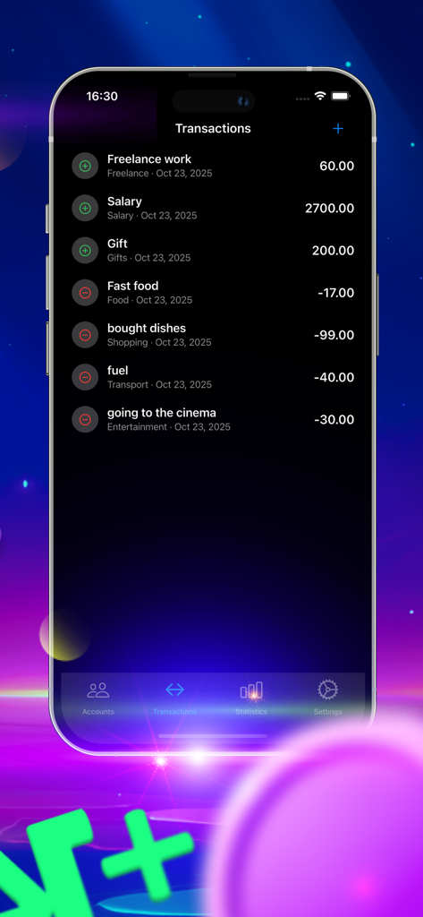 Drop Cost - 수입 및 지출 거래 목록을 표시하는 Drop Cost 앱 인터페이스