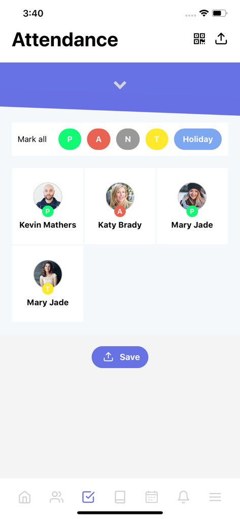 Interfaccia mobile per il monitoraggio delle presenze degli studenti nell'app Classe365 che mostra un elenco di studenti e opzioni per lo stato delle presenze