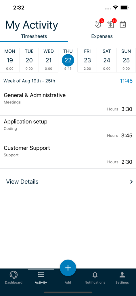 Journyx Mobile - Journyx Mobile app interface showing the My Activity screen with detailed timesheet entries and logged hours for professional projects