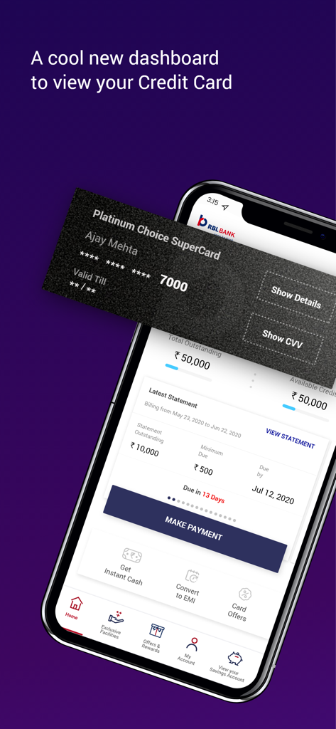 RBL MyCard app dashboard showing credit card details and payment options