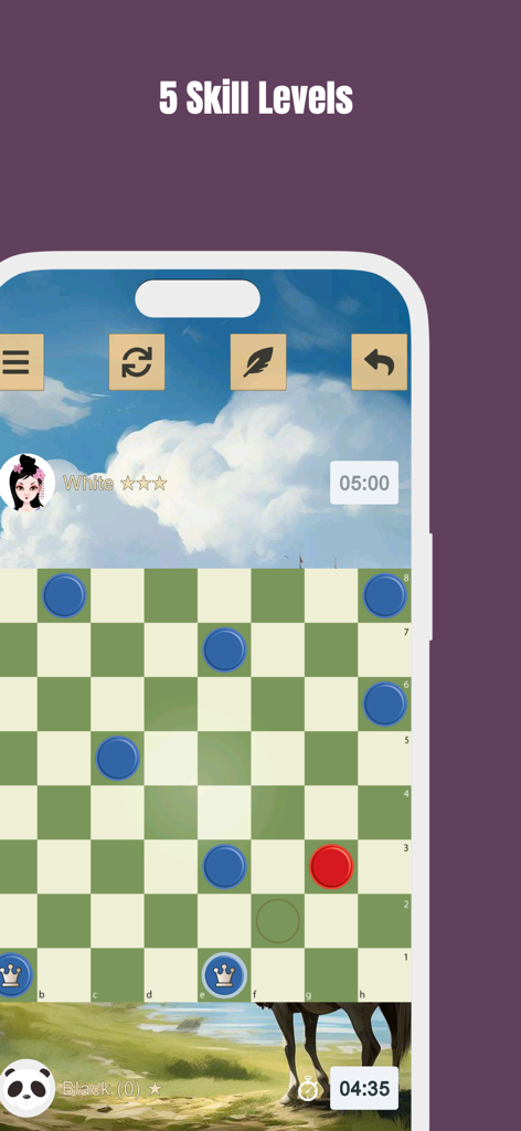 Screenshot of Checkers mobile app highlighting five skill levels and gameplay
