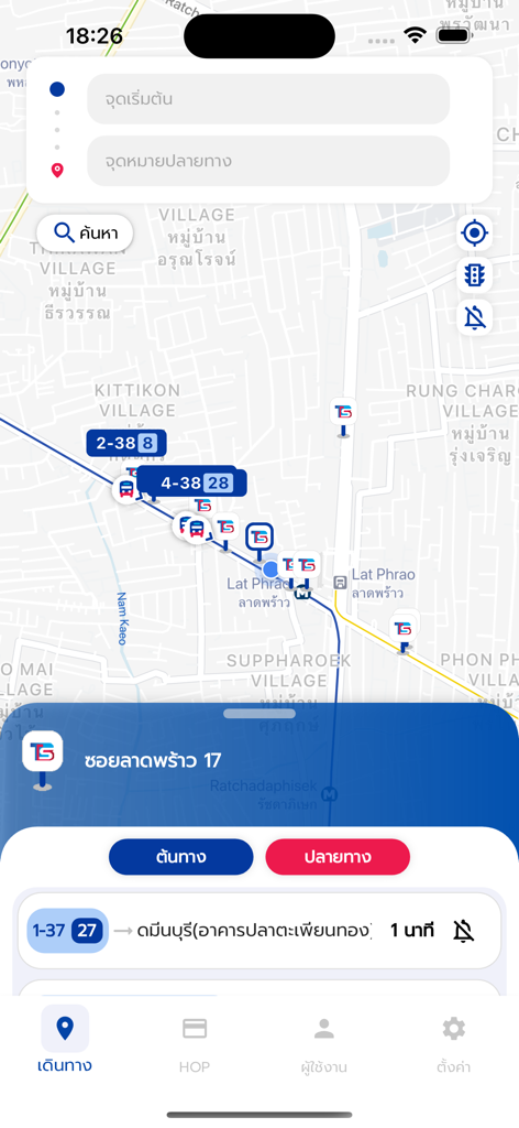 TSB Go Plusアプリのスクリーンショット。バンコクの地図上にリアルタイムのバス位置と到着予定時刻が表示されています。