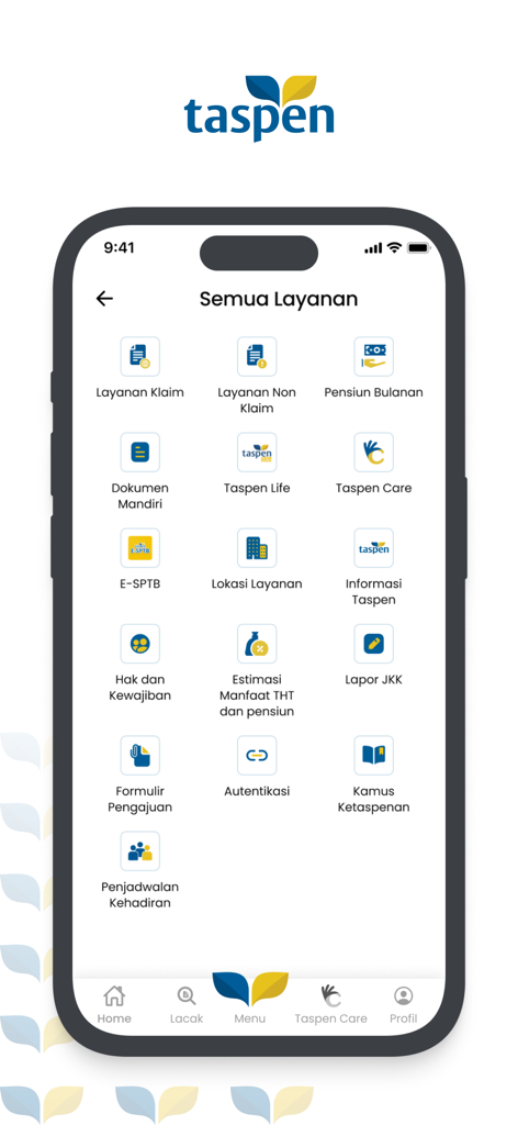 Andal by Taspen app dashboard showing various pension and claim services for Indonesian civil servants.