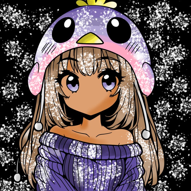 anime girl with chick shaped hat with sweater with bare shoulders with bangs covering them one eye with low tail