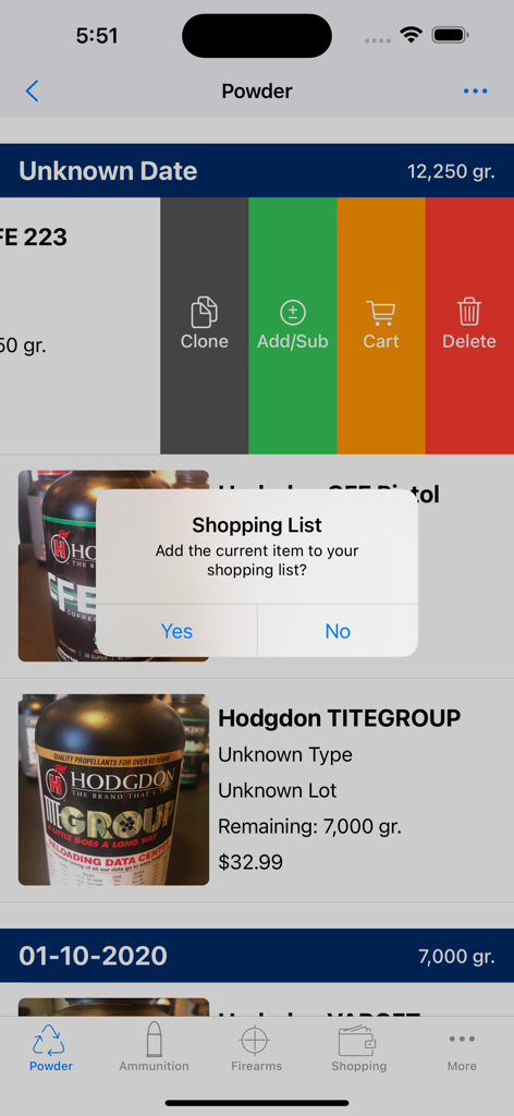 ReLOADeD (Ammo) - Powder inventory screen in the ReLOADeD app showing a shopping list confirmation popup