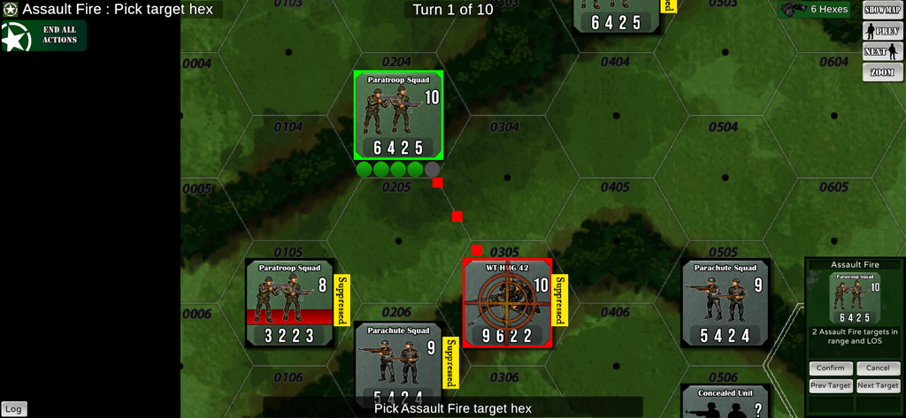 Skirmish 1944 - Top down view of Skirmish 1944 gameplay showing US paratrooper units targeting a German HMG 42 on a hex based map.
