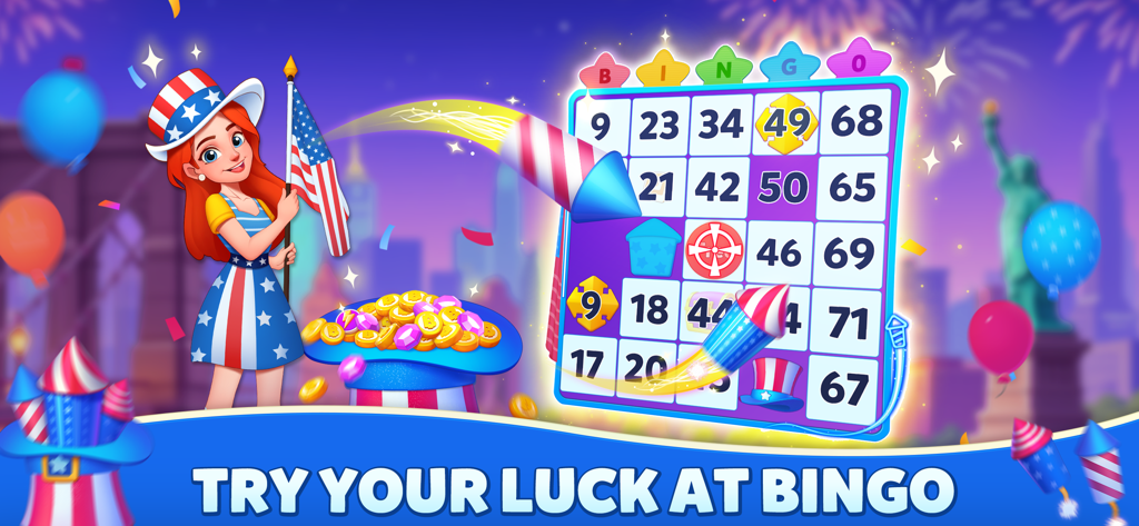 Bingo Home Design-Bingo&Decor - Jugabilidad de Bingo con temática americana que presenta un personaje con atuendo patriótico y fuegos artificiales