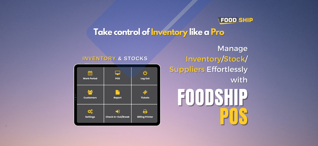 Foodship POS - Foodship POS app dashboard on a tablet displaying inventory and stock management features for restaurants