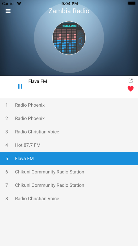 Zambia Radio Station FM Live - A list of Zambian radio stations including Flava FM and Radio Phoenix on the mobile app interface.