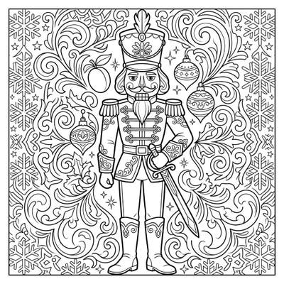 Discover the magic of the Nutcracker with this detailed coloring page of the brave Nutcracker Prince. His regal uniform and the festive, intricate background offer a delightful and engaging coloring experience.