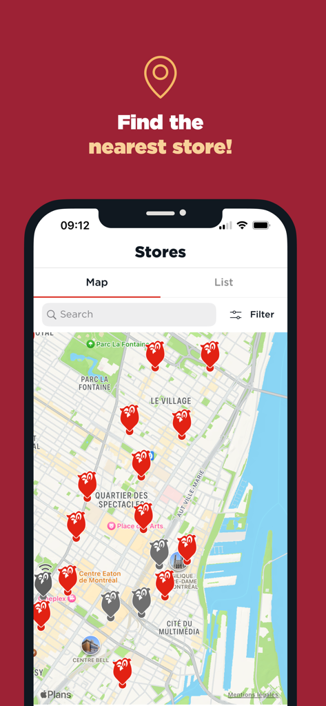 Couche-Tard - Map view in the Couche-Tard app showing nearby convenience store locations in Montreal