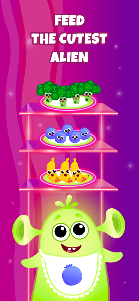 Yummies! Healthy Food games - Yummies 앱에서 브로콜리와 베리 같은 건강한 음식 캐릭터를 먹고 있는 귀여운 녹색 외계인 캐릭터.
