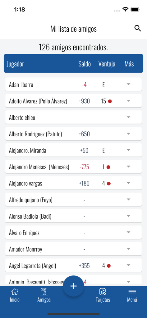 Plack - A friends list screen in the Plack golf app displaying player names balances and betting advantages