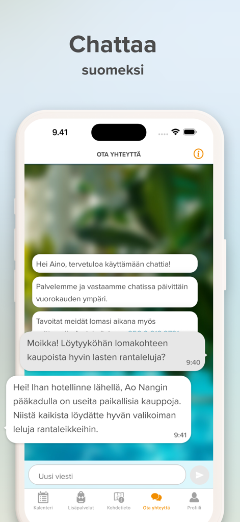 Aurinkomatkat - Aurinkomatkat mobile app screenshot showing the Finnish language customer service chat interface