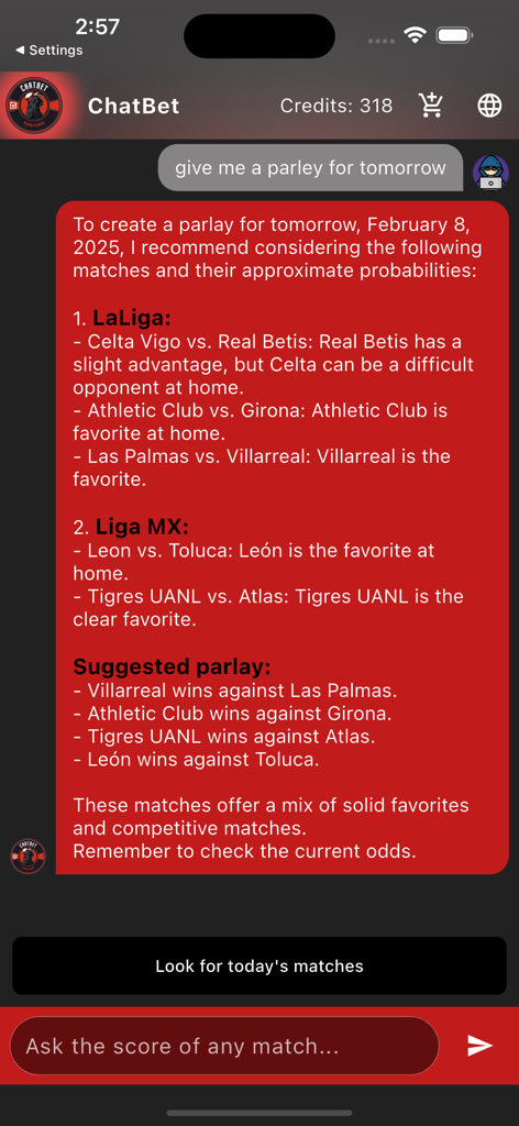 ChatBet app interface showing AI generated parlay recommendations and match analysis for soccer leagues.